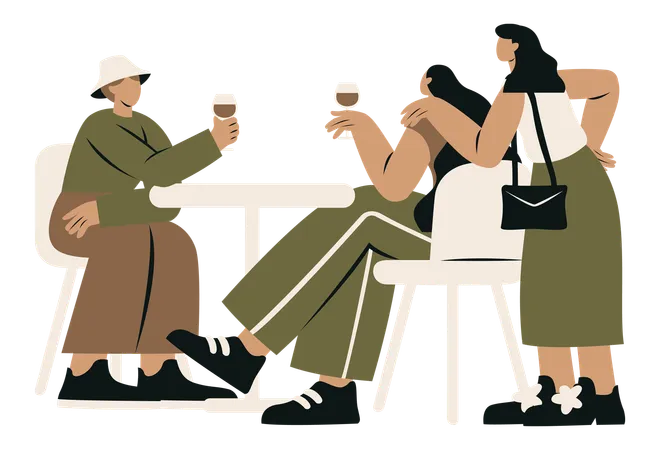 Des femmes et des amis parlent assis à table  Illustration