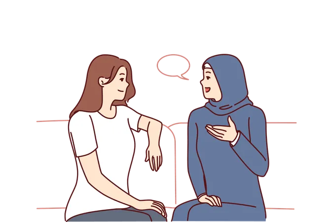 Des filles de différentes religions parlent assises sur un canapé  Illustration