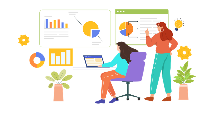 Des filles découvrent des idées commerciales tout en travaillant sur l'analyse commerciale  Illustration