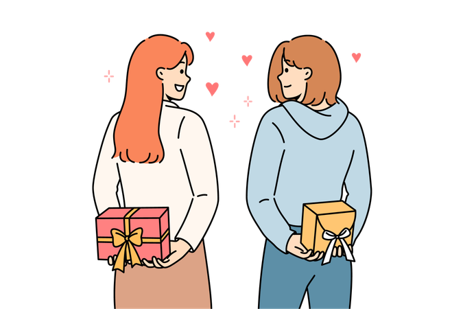 Des filles positives tenant des cadeaux derrière leur dos et se regardant avec amour  Illustration