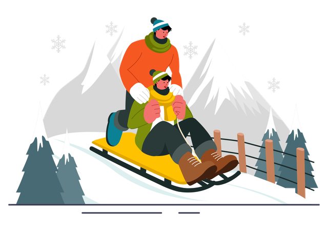 Des gars en train de faire de la luge en hiver  Illustration