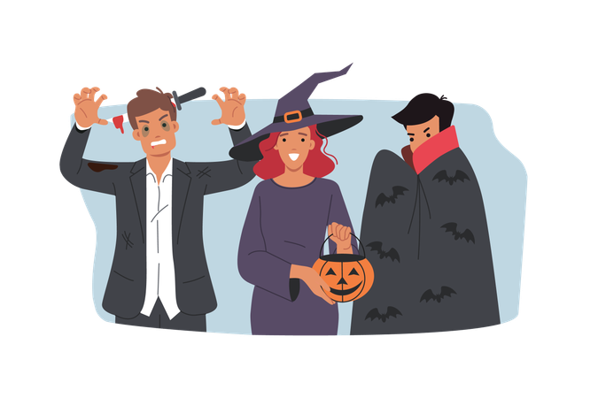 Des gens en costumes d'Halloween font des regards menaçants pour effrayer leurs amis qui fêtent le 31 octobre  Illustration