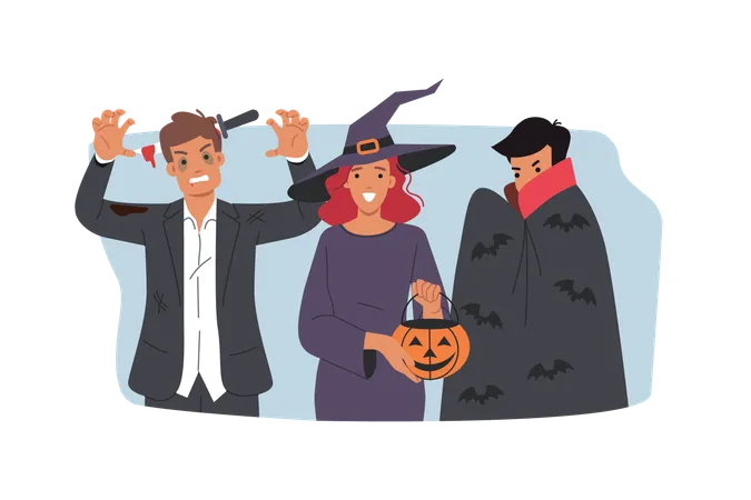 Des gens en costumes d'Halloween font des regards menaçants pour effrayer leurs amis qui fêtent le 31 octobre  Illustration