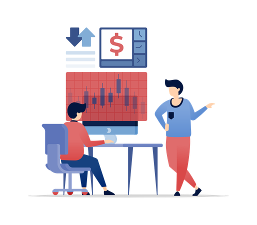 Des gens examinent et discutent des actions d'investissement et des stratégies bancaires au bureau  Illustration