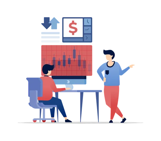 Des gens examinent et discutent des actions d'investissement et des stratégies bancaires au bureau  Illustration