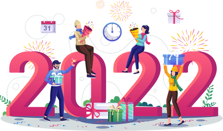 Des gens heureux célébrant le nouvel an 2022  Illustration
