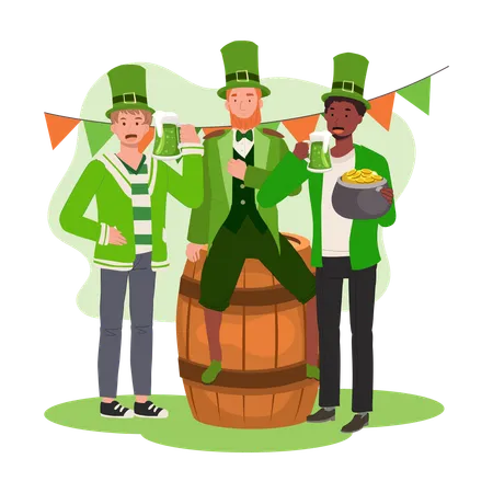 Des gens heureux célèbrent la Saint-Patrick.  Fête irlandaise de la joie et de la tradition  Illustration