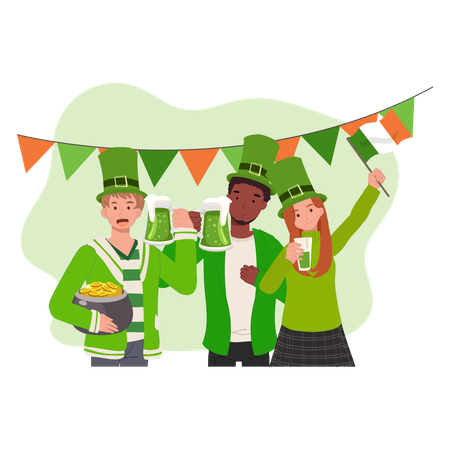 Des gens heureux célèbrent la Saint-Patrick.  Fête irlandaise de la joie et de la tradition  Illustration