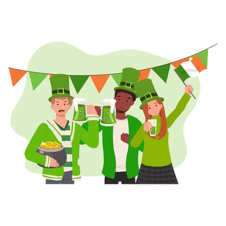 Des gens heureux célèbrent la Saint-Patrick.  Fête irlandaise de la joie et de la tradition  Illustration