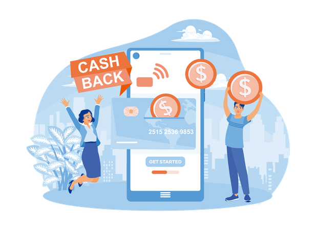 Des gens heureux de recevoir du Cashback en ligne sur leur mobile  Illustration