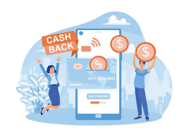 Des gens heureux de recevoir du Cashback en ligne sur leur mobile  Illustration