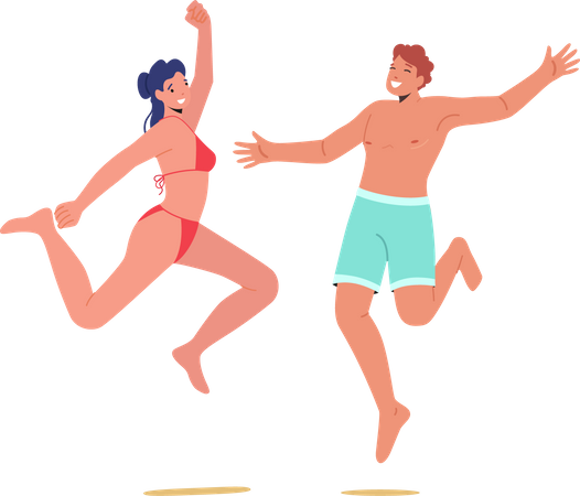 Des gens heureux portant des maillots de bain et sautant avec les mains en l'air  Illustration