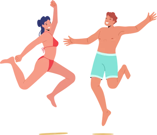 Des gens heureux portant des maillots de bain et sautant avec les mains en l'air  Illustration