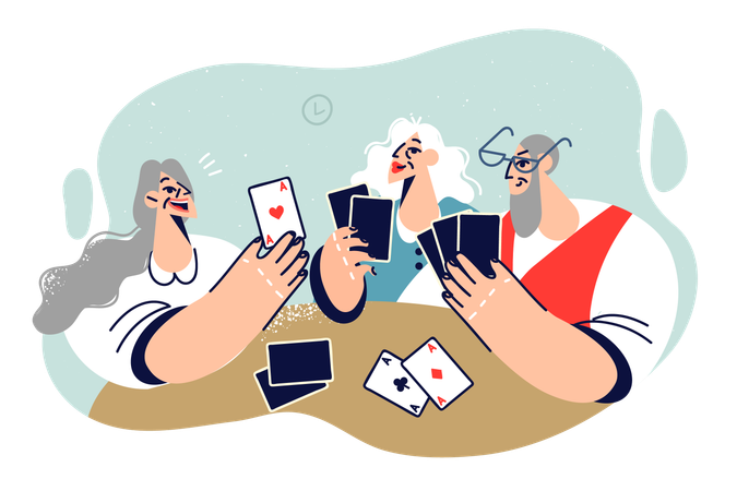 Des gens joyeux jouent aux cartes et apprécient le jeu  Illustration