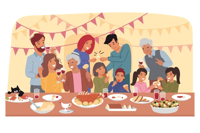 Des gens profitent d'une fête de famille pour Thanksgiving  Illustration