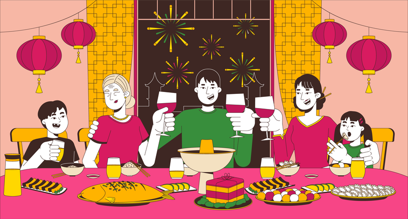 Des gens se sont réunis pour un dîner de retrouvailles à l'occasion du Nouvel An chinois  Illustration