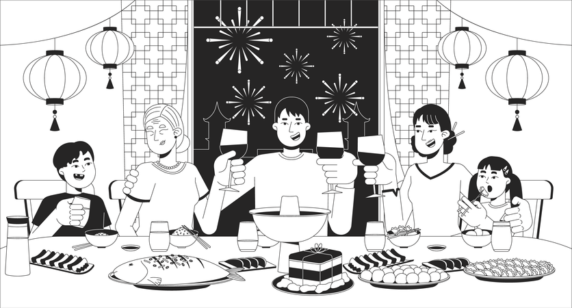 Des gens se sont réunis pour un dîner de retrouvailles à l'occasion du Nouvel An chinois  Illustration