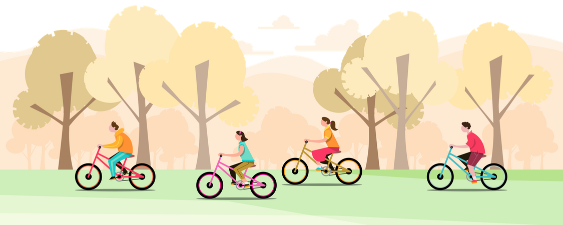 Des groupes d'enfants font du vélo dans un parc  Illustration