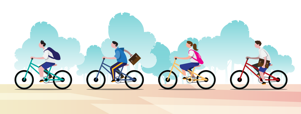 Des groupes d'étudiants font du vélo pour aller à l'école  Illustration