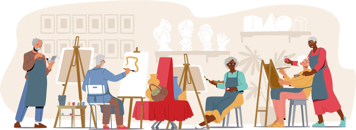 Des hommes et des femmes âgés apprennent le dessin dans un cours en studio d'art  Illustration