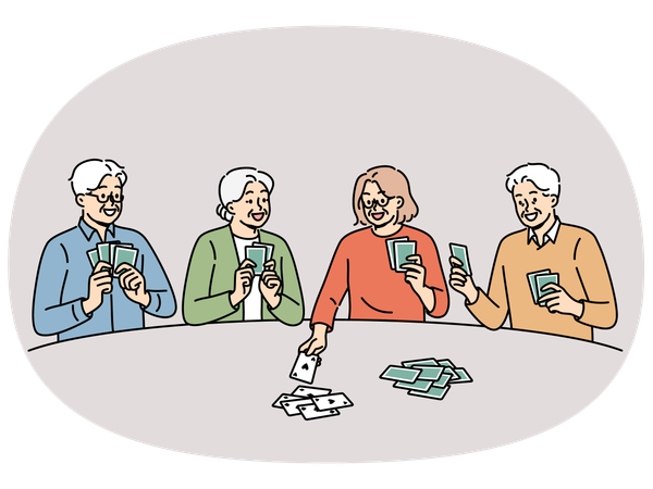 Les hommes et les femmes âgés jouent aux cartes pour s'amuser après la retraite et apprécient de socialiser avec leurs amis  Illustration