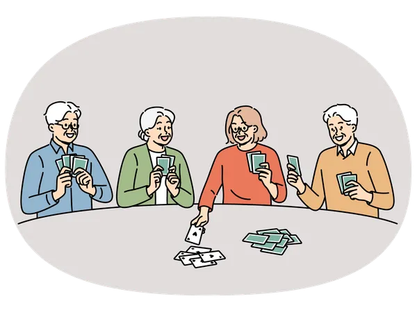 Les hommes et les femmes âgés jouent aux cartes pour s'amuser après la retraite et apprécient de socialiser avec leurs amis  Illustration