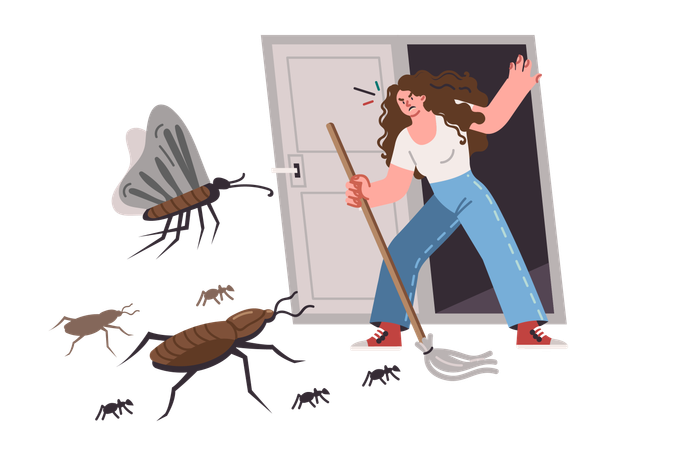 Des insectes et des parasites attaquent une femme qui tente d'entrer dans un appartement après un nettoyage ou une désinfection en profondeur  Illustration