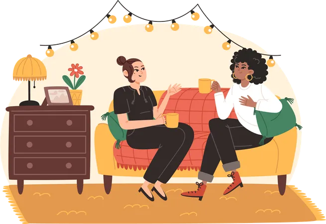 Les jeunes femmes sont assises sur un canapé confortable dans le salon et parlent joyeusement  Illustration