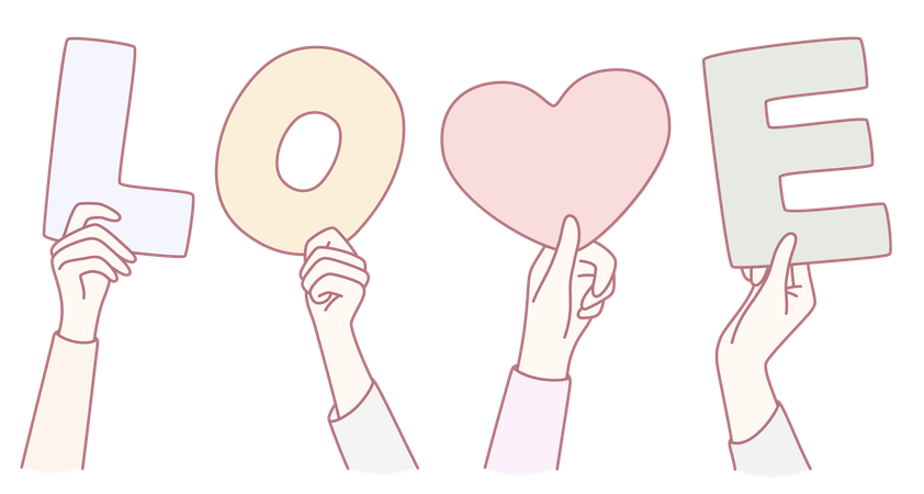 Des mains qui tiennent amoureusement des lettres qui épellent le mot Amour avec un symbole de cœur  Illustration