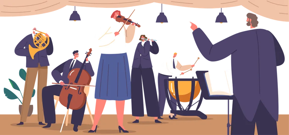 Des musiciens talentueux interprètent des chefs-d’œuvre classiques sur scène avec un chef d’orchestre  Illustration