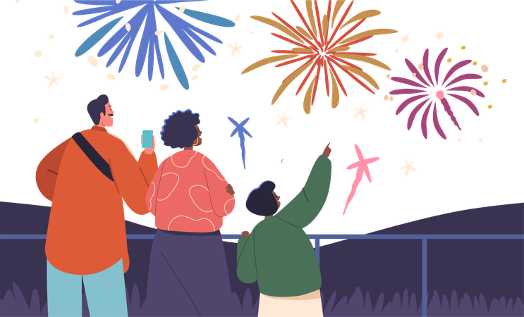 Des personnages familiaux joyeux regardent avec admiration les feux d'artifice de vacances illuminant le ciel nocturne  Illustration