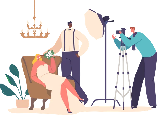 Les personnages nouvellement mariés capturent la magie d'un jour spécial avec une séance photo de mariage en studio avec un éclairage professionnel  Illustration