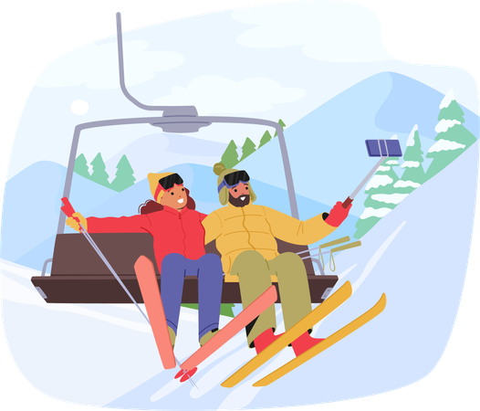 Des personnages de skieurs emmitouflés montent sur une remontée mécanique  Illustration