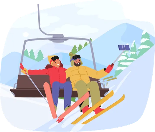 Des personnages de skieurs emmitouflés montent sur une remontée mécanique  Illustration