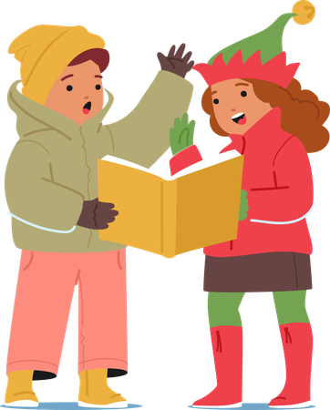 Des personnages joyeux pour enfants, garçons et filles, en tenue chaleureuse, chantent des chants de Noël  Illustration