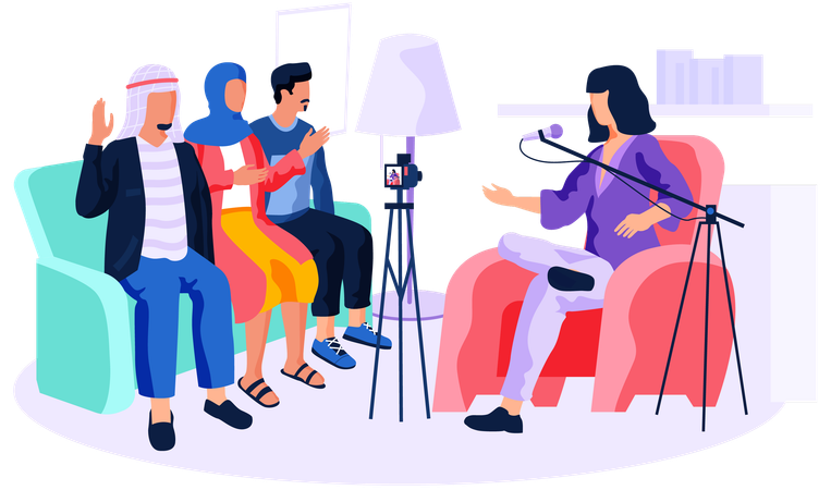Des personnes de nationalité arabe donnent des interviews devant la caméra et une fille donne des instructions aux clients  Illustration