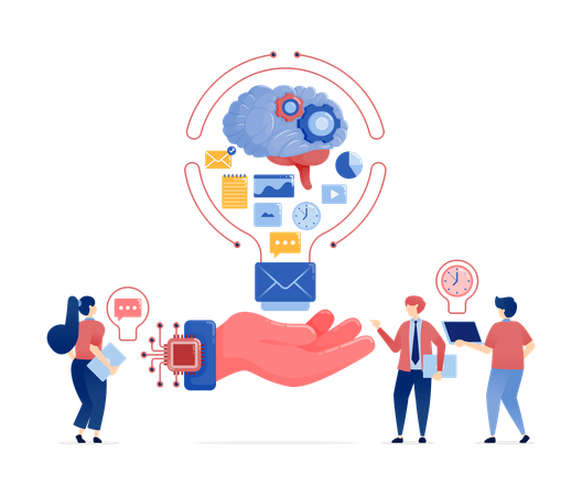 Les gens utilisent l'IA et les machines à puce pour traiter les données et susciter des idées  Illustration