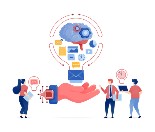 Les gens utilisent l'IA et les machines à puce pour traiter les données et susciter des idées  Illustration