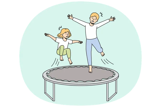 Des petits enfants ravis s'amusent à sauter sur un trampoline en plein air  Illustration