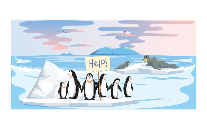 Des pingouins tiennent un tableau d'aide en raison du réchauffement climatique  Illustration