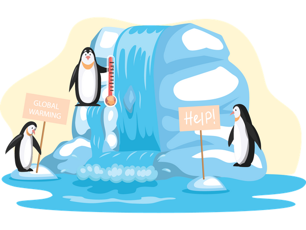 Des pingouins tiennent un tableau d'aide en raison du réchauffement climatique  Illustration