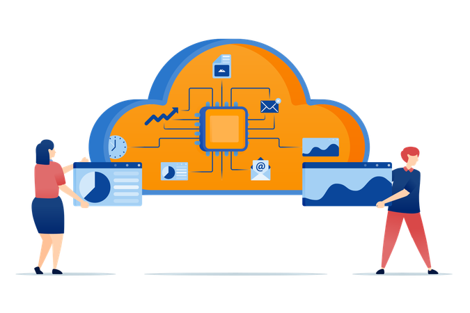 Les puces dans le cloud connectent plusieurs tâches et données pour le traitement avec des machines d'apprentissage améliorant l'efficacité du système d'automatisation  Illustration
