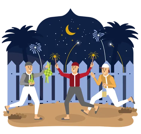 Des rires énergiques remplissent l'air tandis que les enfants illuminent le ciel nocturne avec des feux d'artifice colorés, ajoutant une touche d'excitation et de joie à leurs célébrations du Ramadan.  Illustration