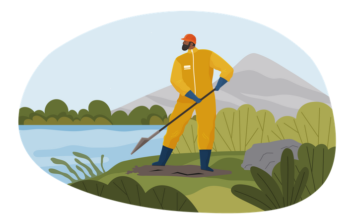 Des scientifiques en combinaison de protection prélèvent des échantillons d’eau  Illustration