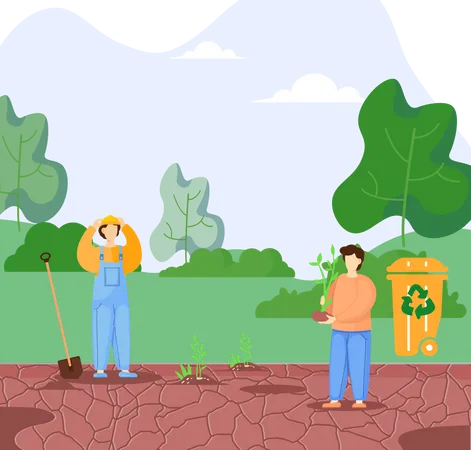 Des bénévoles plantent des arbres dans un sol sec  Illustration