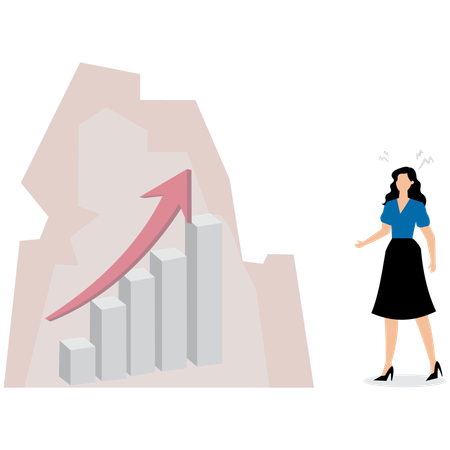 Desaceleração ou estagnação econômica, queda nos gastos do consumidor, paralisia do conceito de atividade econômica, empresária frustrada com gráfico de barras preso no gelo  Ilustração