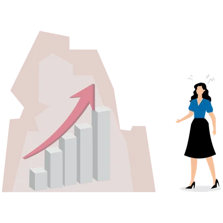 Desaceleração ou estagnação econômica, queda nos gastos do consumidor, paralisia do conceito de atividade econômica, empresária frustrada com gráfico de barras preso no gelo  Ilustração