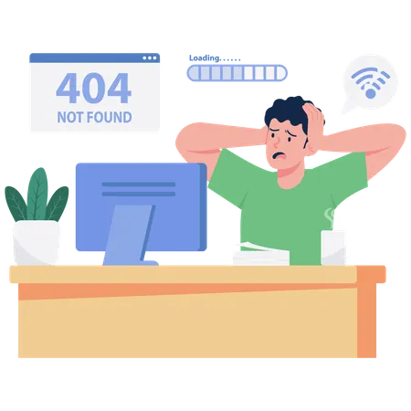 Desarrollador frustrado con el error 404  Ilustración