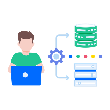 Desarrollador realizando configuración de almacenamiento  Ilustración