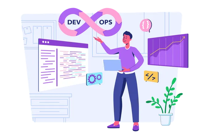 Desarrollador masculino que busca DevOps  Ilustración